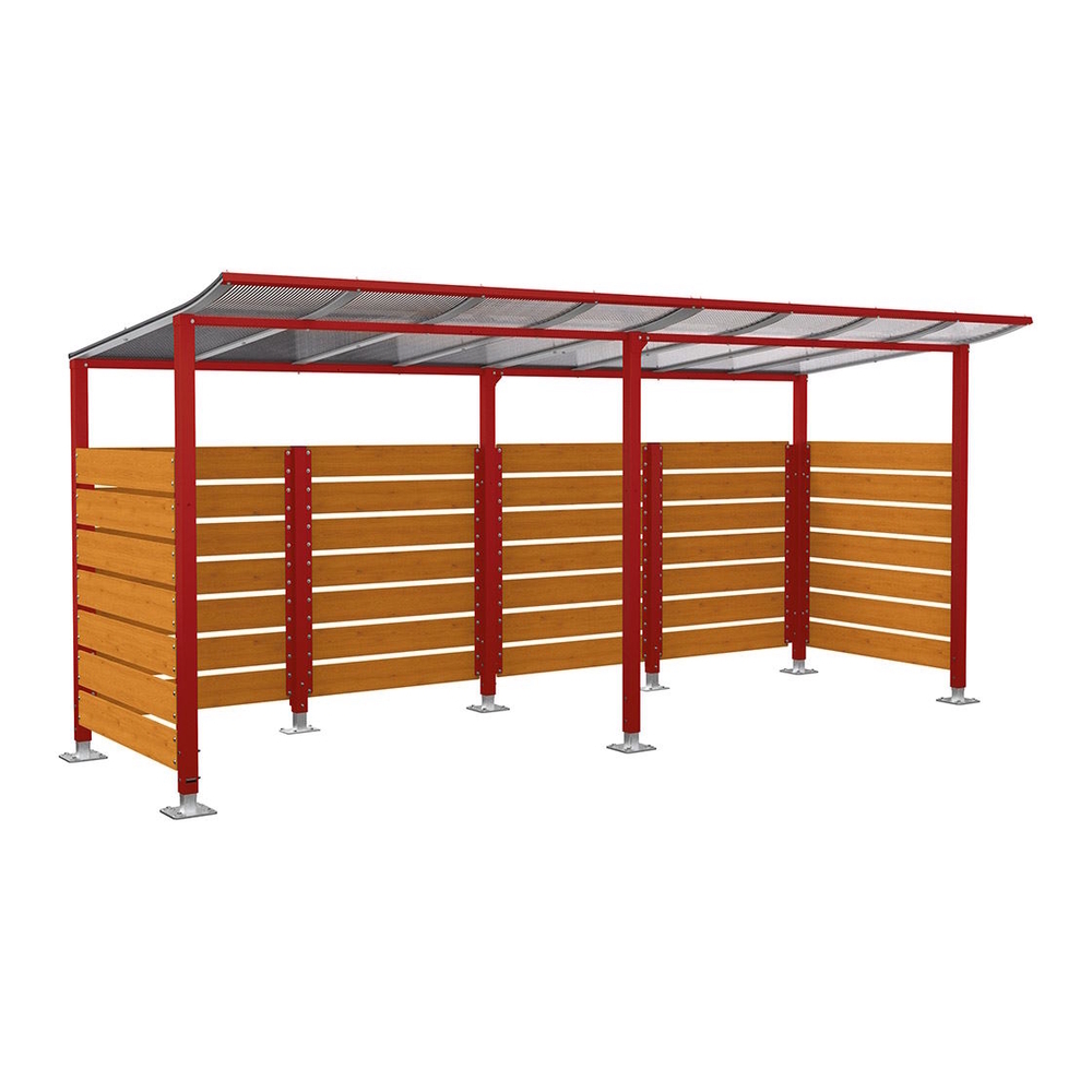 Abri vélos Modulo bardages en stratifié compact RAL3004 - Stratifié chêne clair - initial + compl + bardages de fond et latéraux - Sur platines - Prof 2000mm - PROCITY - 599214.3004.CHEC