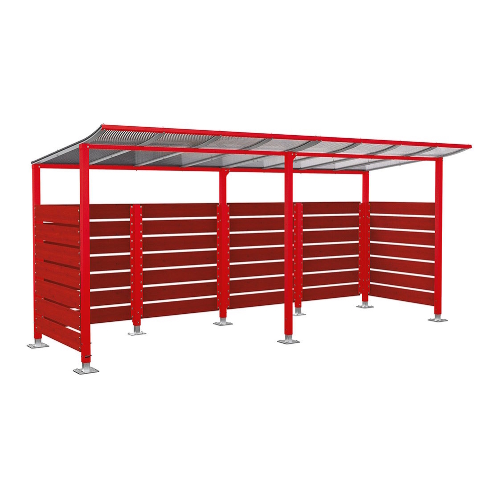 Abri vélos Modulo bardages en stratifié compact RAL3020 - Stratifié acajou - initial + compl + bardages de fond et latéraux - Sur platines - Prof 2000mm - PROCITY - 599214.3020.ACAJ