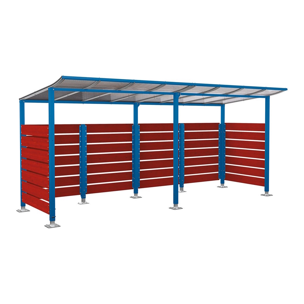 Abri vélos Modulo bardages en stratifié compact RAL5010 - Stratifié acajou - initial + compl + bardages de fond et latéraux - Sur platines - Prof 2000mm - PROCITY - 599214.5010.ACAJ