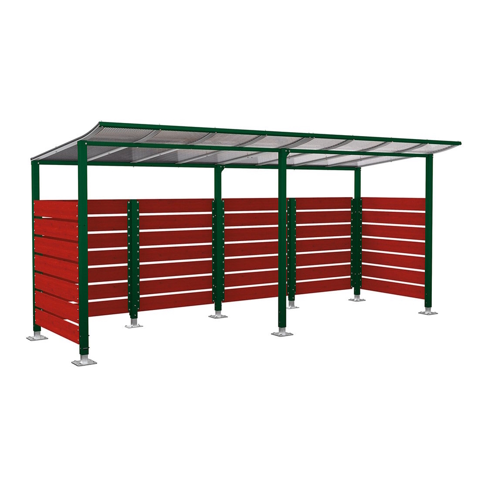 Abri vélos Modulo bardages en stratifié compact RAL6005 - Stratifié acajou - initial + compl + bardages de fond et latéraux - Sur platines - Prof 2000mm - PROCITY - 599214.6005.ACAJ