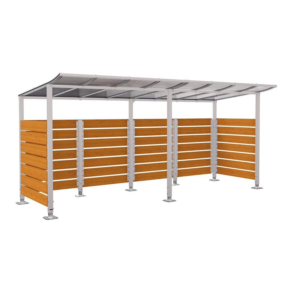 Abri vélos Modulo bardages en stratifié compact RAL7044 - Stratifié chêne clair - initial + compl + bardages de fond et latéraux - Sur platines - Prof 2000mm - PROCITY - 599214.7044.CHEC