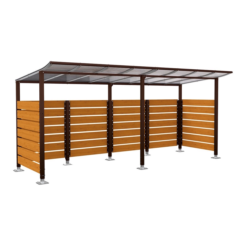 Abri vélos Modulo bardages en stratifié compact RAL8017 - Stratifié chêne clair - initial + compl + bardages de fond et latéraux - Sur platines - Prof 2000mm - PROCITY - 599214.8017.CHEC