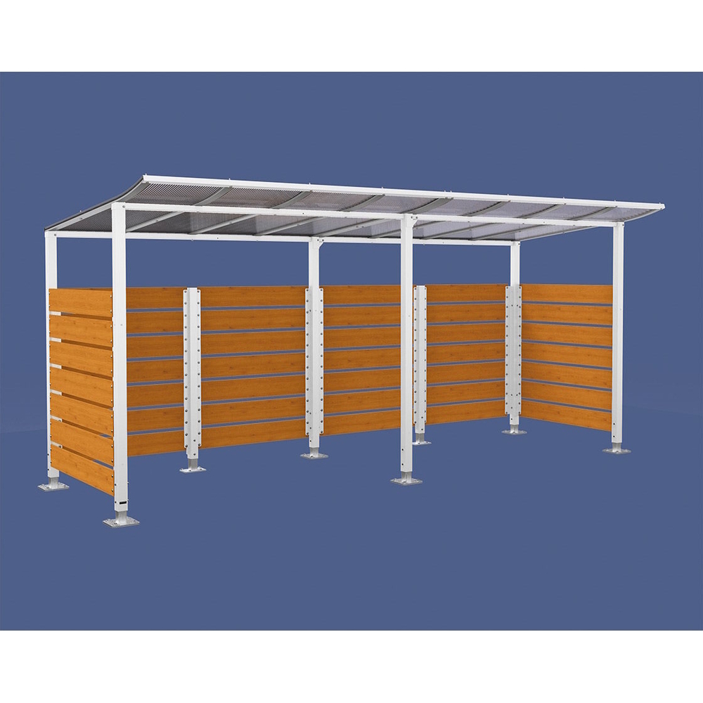 Abri vélos Modulo bardages en stratifié compact RAL9010 - Stratifié chêne clair - initial + compl + bardages de fond et latéraux - Sur platines - Prof 2000mm - PROCITY - 599214.9010.CHEC