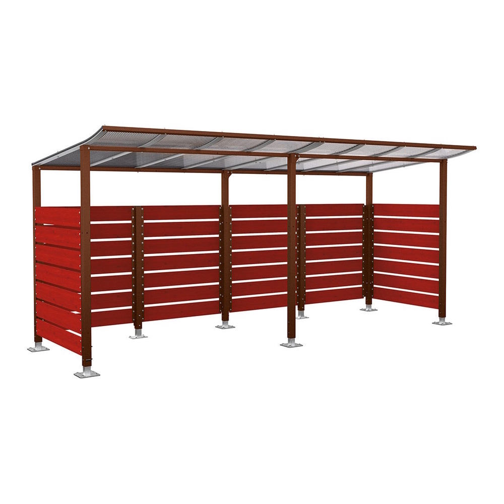 Abri vélos Modulo bardages en stratifié compact Aspect Corten - Stratifié acajou - initial + compl + bardages de fond et latéraux - Sur platines - Prof 2000mm - PROCITY - 599214.S025.ACAJ