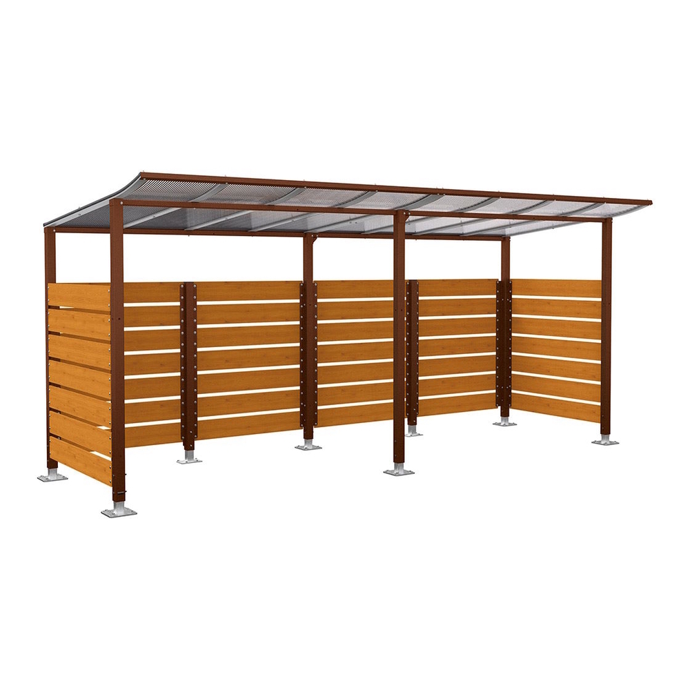 Abri vélos Modulo bardages en stratifié compact Aspect Corten - Stratifié chêne clair - initial + compl + bardages de fond et latéraux - Sur platines - Prof 2000mm - PROCITY - 599214.S025.CHEC