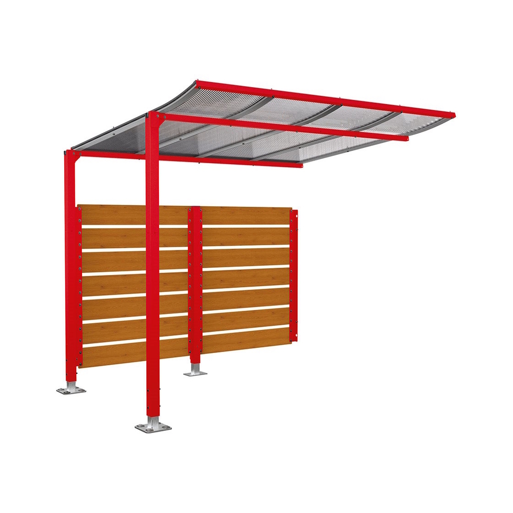 Abri vélos Modulo bardages en stratifié compact RAL3020 - Stratifié chêne clair - compl + bardage de fond - Sur platines - Prof 2000mm - PROCITY - 599215.3020.CHEC