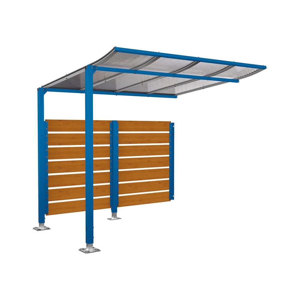 Abri vélos Modulo bardages en stratifié compact RAL5010 - Stratifié chêne clair - compl + bardage de fond - Sur platines - Prof 2000mm - PROCITY - 599215.5010.CHEC