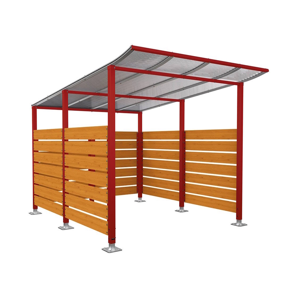 Abri vélos Modulo bardages en stratifié compact RAL3004 - Stratifié chêne clair - Initial + bardage de fond et latéraux - Sur platines - Prof 3400mm - PROCITY - 599216.3004.CHEC