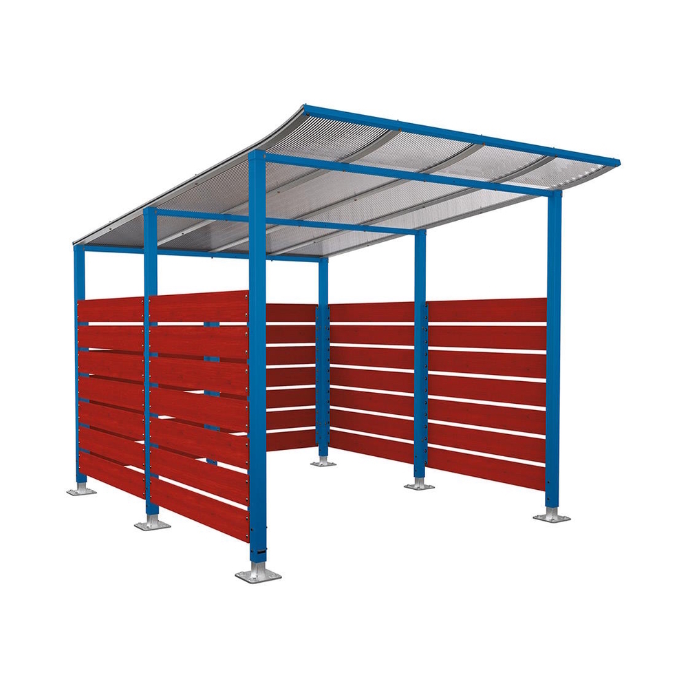 Abri vélos Modulo bardages en stratifié compact RAL5010 - Stratifié acajou - Initial + bardage de fond et latéraux - Sur platines - Prof 3400mm - PROCITY - 599216.5010.ACAJ