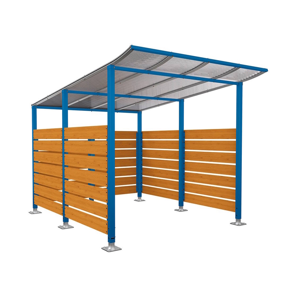 Abri vélos Modulo bardages en stratifié compact RAL5010 - Stratifié chêne clair - Initial + bardage de fond et latéraux - Sur platines - Prof 3400mm - PROCITY - 599216.5010.CHEC