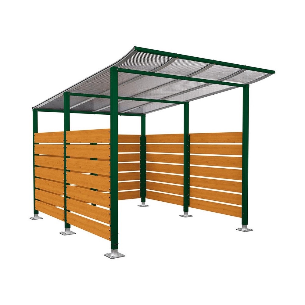 Abri vélos Modulo bardages en stratifié compact RAL6005 - Stratifié chêne clair - Initial + bardage de fond et latéraux - Sur platines - Prof 3400mm - PROCITY - 599216.6005.CHEC