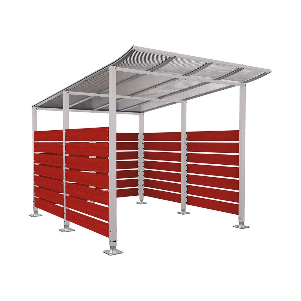 Abri vélos Modulo bardages en stratifié compact RAL7044 - Stratifié acajou - Initial + bardage de fond et latéraux - Sur platines - Prof 3400mm - PROCITY - 599216.7044.ACAJ