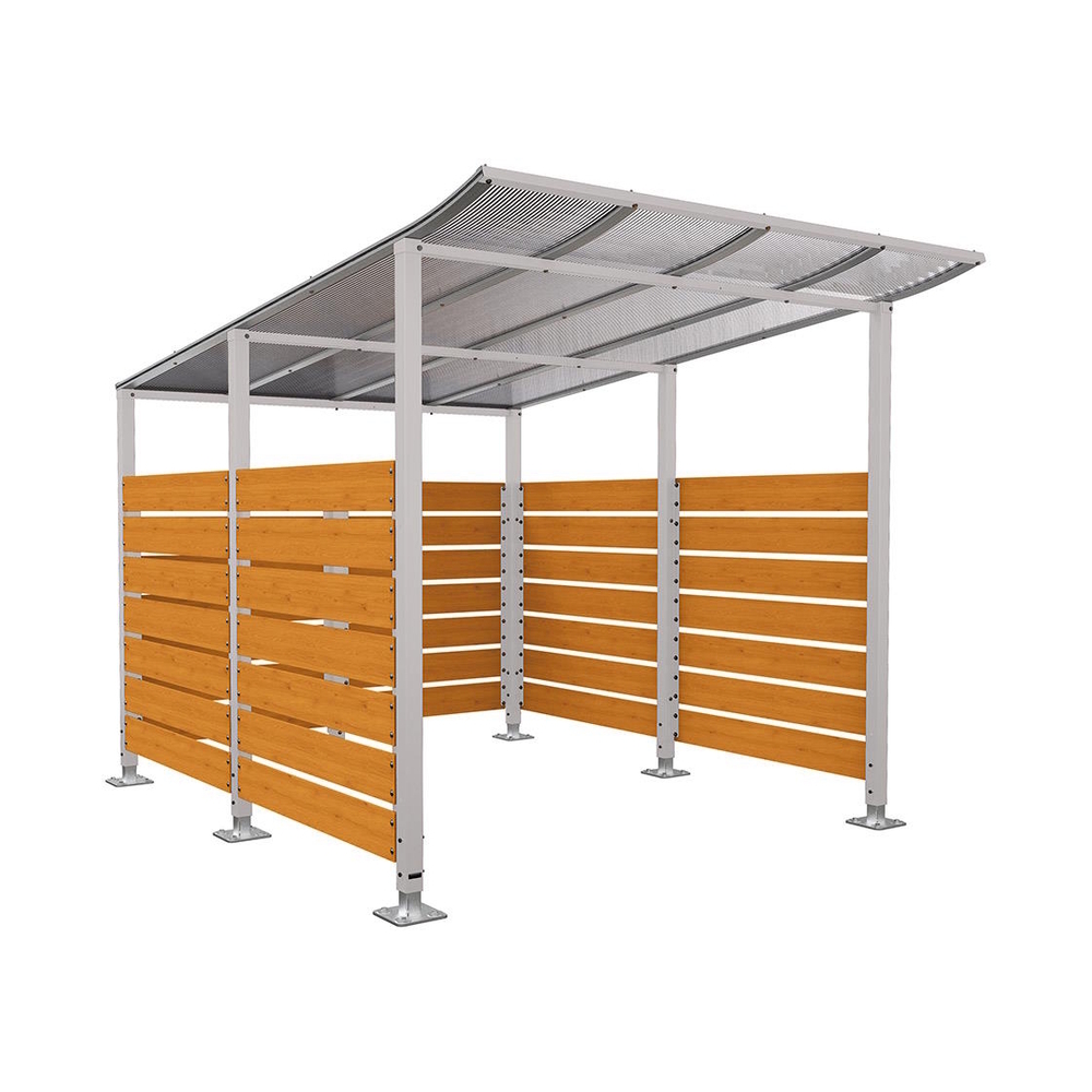 Abri vélos Modulo bardages en stratifié compact RAL7044 - Stratifié chêne clair - Initial + bardage de fond et latéraux - Sur platines - Prof 3400mm - PROCITY - 599216.7044.CHEC