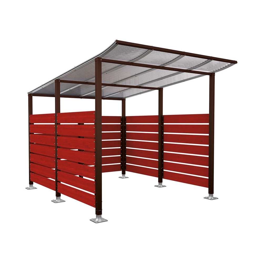 Abri vélos Modulo bardages en stratifié compact RAL8017 - Stratifié acajou - Initial + bardage de fond et latéraux - Sur platines - Prof 3400mm - PROCITY - 599216.8017.ACAJ