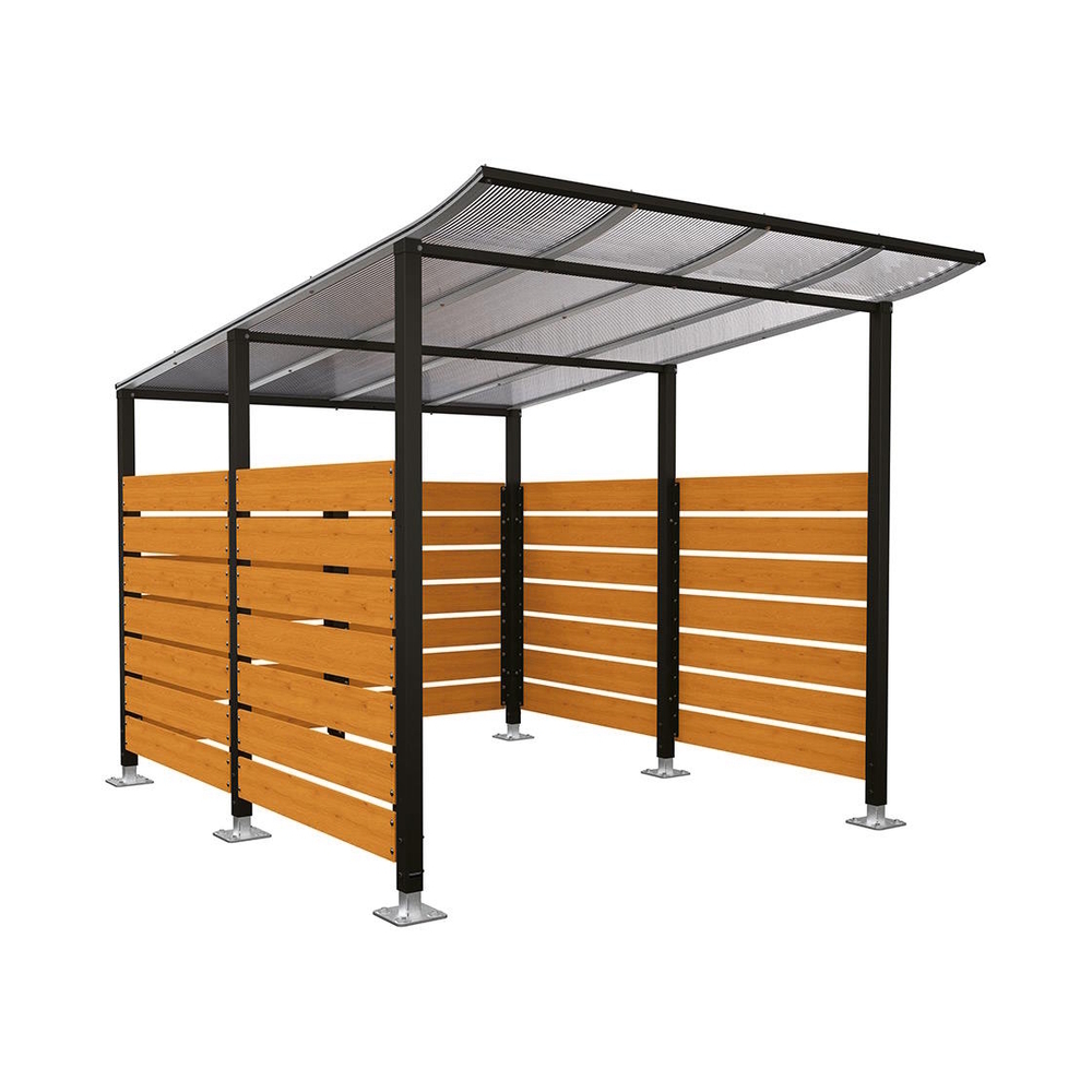 Abri vélos Modulo bardages en stratifié compact RAL9005 - Stratifié chêne clair - Initial + bardage de fond et latéraux - Sur platines - Prof 3400mm - PROCITY - 599216.9005.CHEC