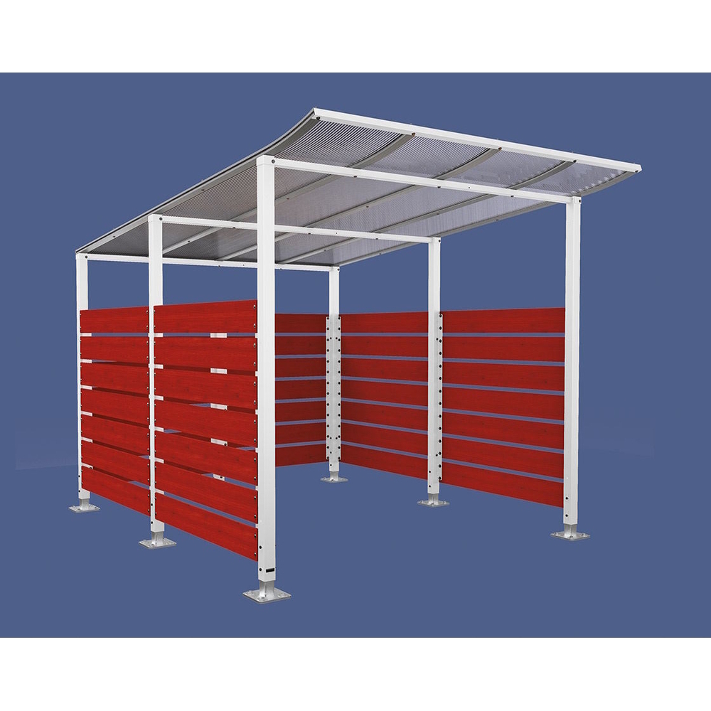 Abri vélos Modulo bardages en stratifié compact RAL9010 - Stratifié acajou - Initial + bardage de fond et latéraux - Sur platines - Prof 3400mm - PROCITY - 599216.9010.ACAJ
