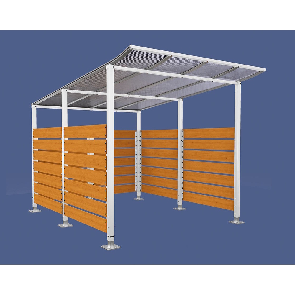 Abri vélos Modulo bardages en stratifié compact RAL9010 - Stratifié chêne clair - Initial + bardage de fond et latéraux - Sur platines - Prof 3400mm - PROCITY - 599216.9010.CHEC