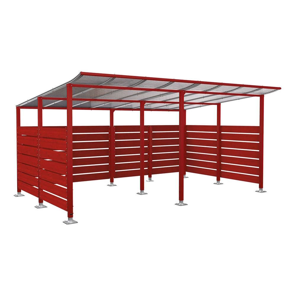 Abri vélos Modulo bardages en stratifié compact RAL3004 - Stratifié acajou - initial + Compl + bardages de fond et latéraux - Sur platines - Prof 3400mm - PROCITY - 599217.3004.ACAJ