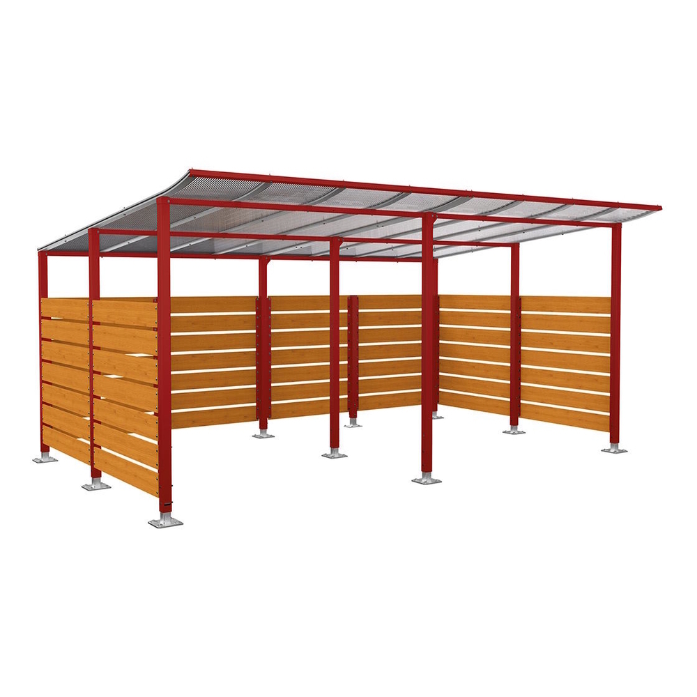 Abri vélos Modulo bardages en stratifié compact RAL3004 - Stratifié chêne clair - initial + Compl + bardages de fond et latéraux - Sur platines - Prof 3400mm - PROCITY - 599217.3004.CHEC
