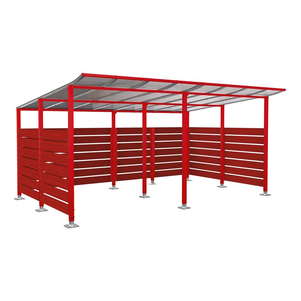 Abri vélos Modulo bardages en stratifié compact RAL3020 - Stratifié acajou - initial + Compl + bardages de fond et latéraux - Sur platines - Prof 3400mm - PROCITY - 599217.3020.ACAJ