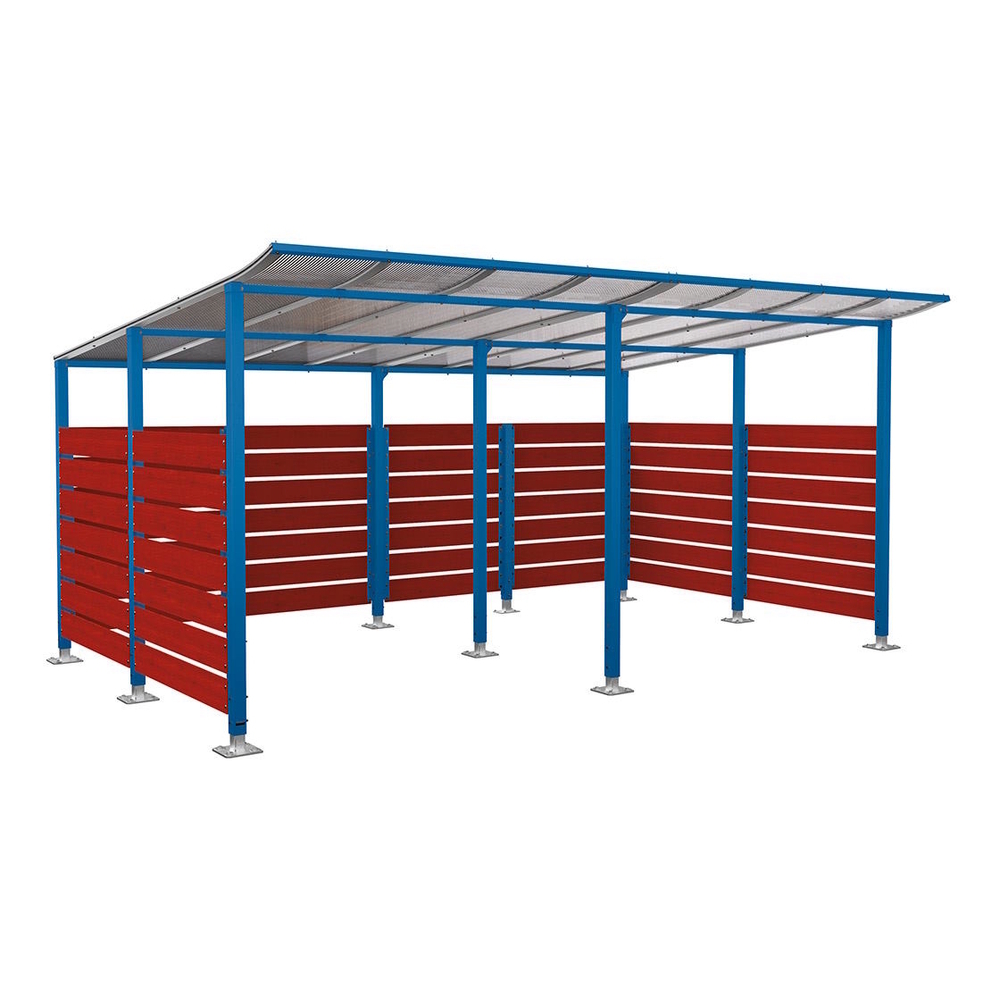 Abri vélos Modulo bardages en stratifié compact RAL5010 - Stratifié acajou - initial + Compl + bardages de fond et latéraux - Sur platines - Prof 3400mm - PROCITY - 599217.5010.ACAJ