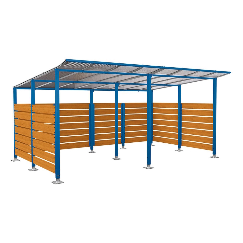 Abri vélos Modulo bardages en stratifié compact RAL5010 - Stratifié chêne clair - initial + Compl + bardages de fond et latéraux - Sur platines - Prof 3400mm - PROCITY - 599217.5010.CHEC