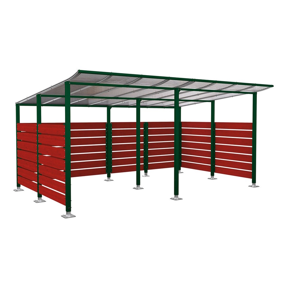 Abri vélos Modulo bardages en stratifié compact RAL6005 - Stratifié acajou - initial + Compl + bardages de fond et latéraux - Sur platines - Prof 3400mm - PROCITY - 599217.6005.ACAJ