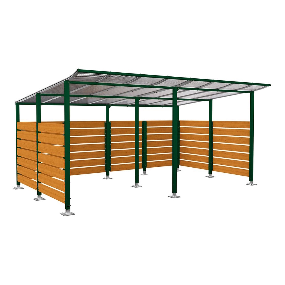 Abri vélos Modulo bardages en stratifié compact RAL6005 - Stratifié chêne clair - initial + Compl + bardages de fond et latéraux - Sur platines - Prof 3400mm - PROCITY - 599217.6005.CHEC