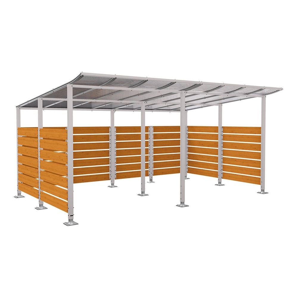 Abri vélos Modulo bardages en stratifié compact RAL7044 - Stratifié chêne clair - initial + Compl + bardages de fond et latéraux - Sur platines - Prof 3400mm - PROCITY - 599217.7044.CHEC