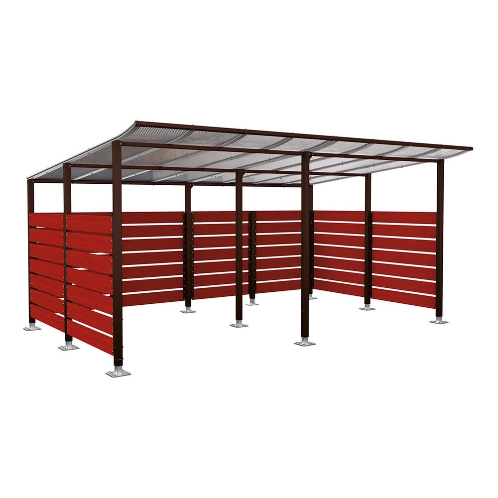 Abri vélos Modulo bardages en stratifié compact RAL8017 - Stratifié acajou - initial + Compl + bardages de fond et latéraux - Sur platines - Prof 3400mm - PROCITY - 599217.8017.ACAJ