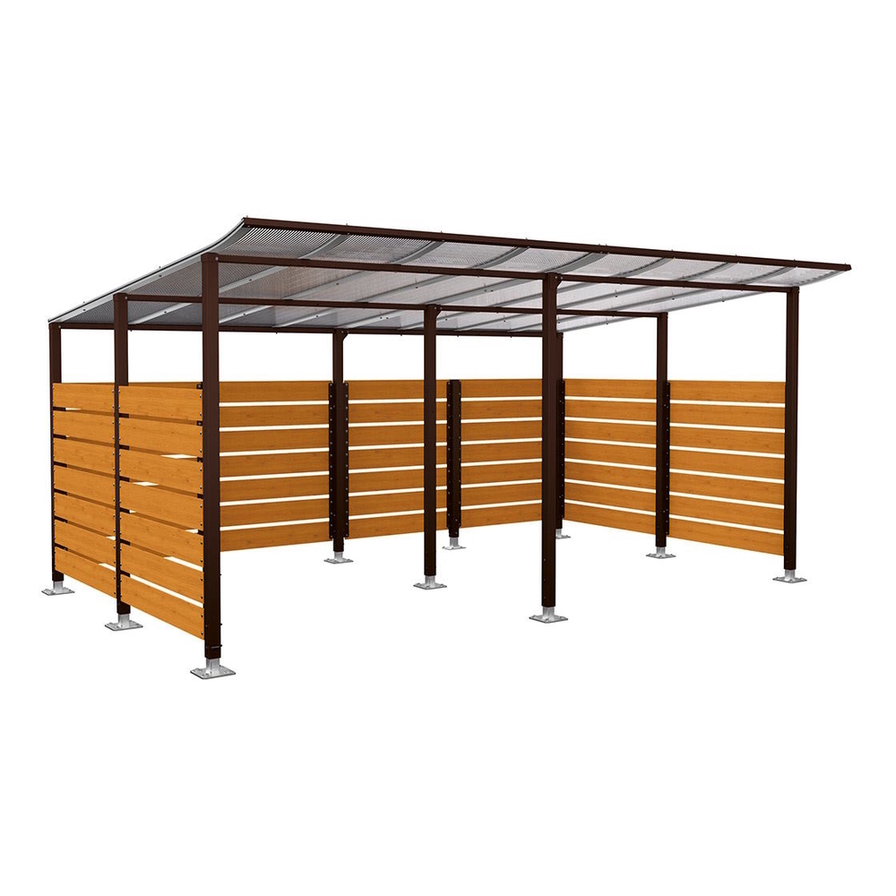 Abri vélos Modulo bardages en stratifié compact RAL8017 - Stratifié chêne clair - initial + Compl + bardages de fond et latéraux - Sur platines - Prof 3400mm - PROCITY - 599217.8017.CHEC