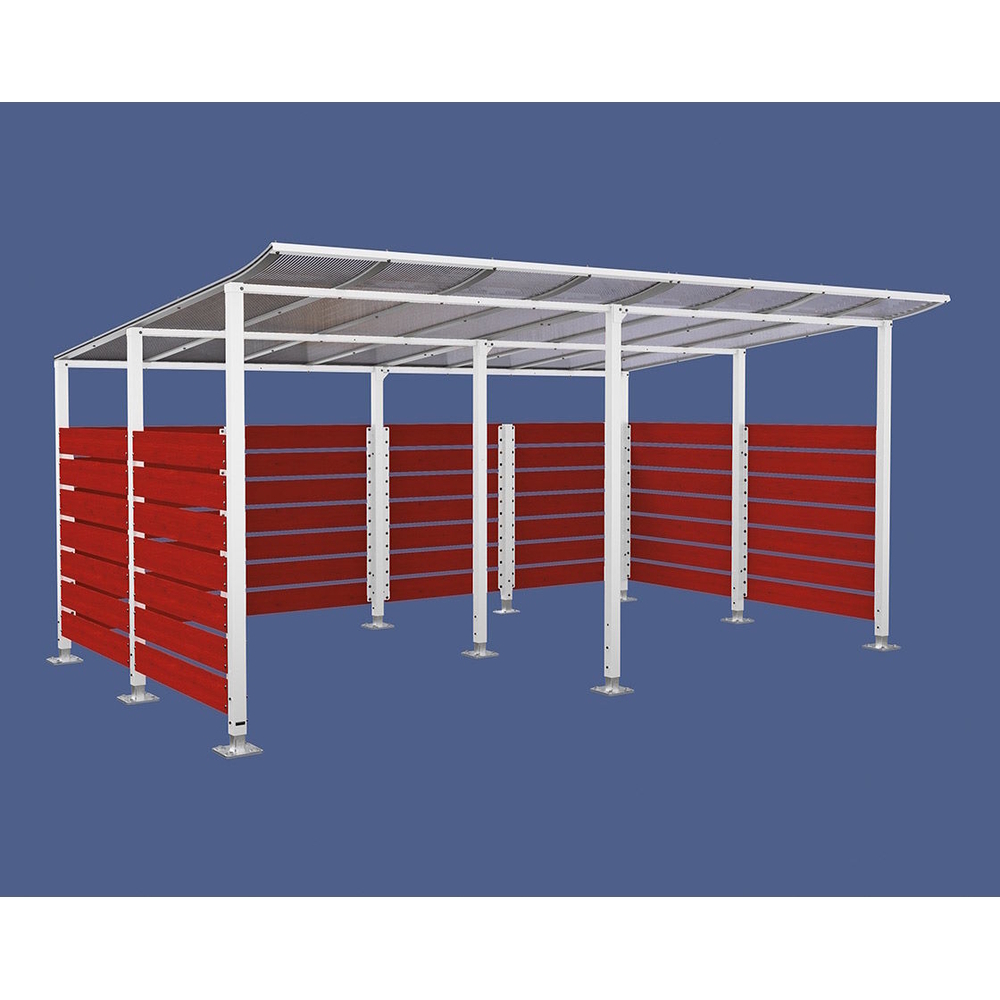 Abri vélos Modulo bardages en stratifié compact RAL9010 - Stratifié acajou - initial + Compl + bardages de fond et latéraux - Sur platines - Prof 3400mm - PROCITY - 599217.9010.ACAJ