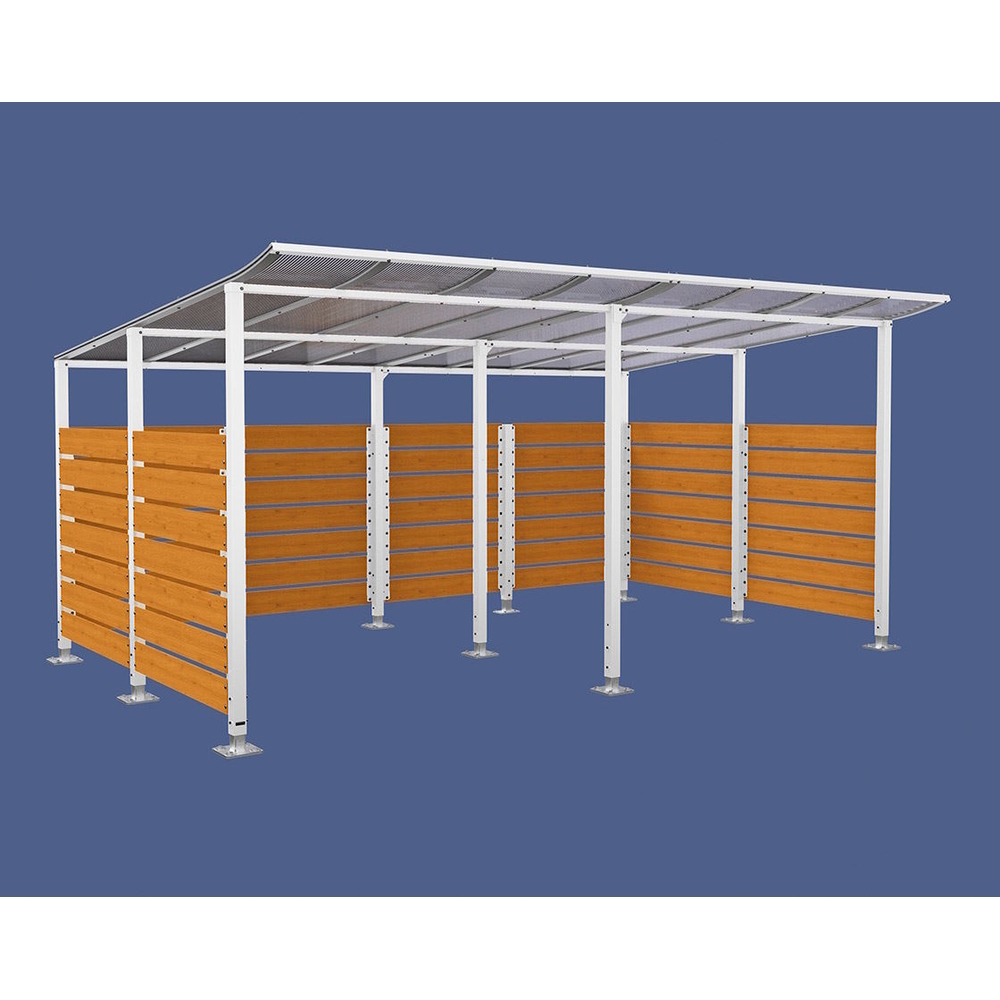 Abri vélos Modulo bardages en stratifié compact RAL9010 - Stratifié chêne clair - initial + Compl + bardages de fond et latéraux - Sur platines - Prof 3400mm - PROCITY - 599217.9010.CHEC