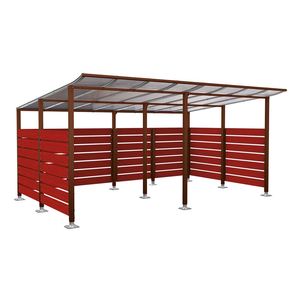 Abri vélos Modulo bardages en stratifié compact Aspect Corten - Stratifié acajou - initial + compl + bardages de fond et latéraux - Sur platines - Prof 3400mm - PROCITY - 599217.S025.ACAJ