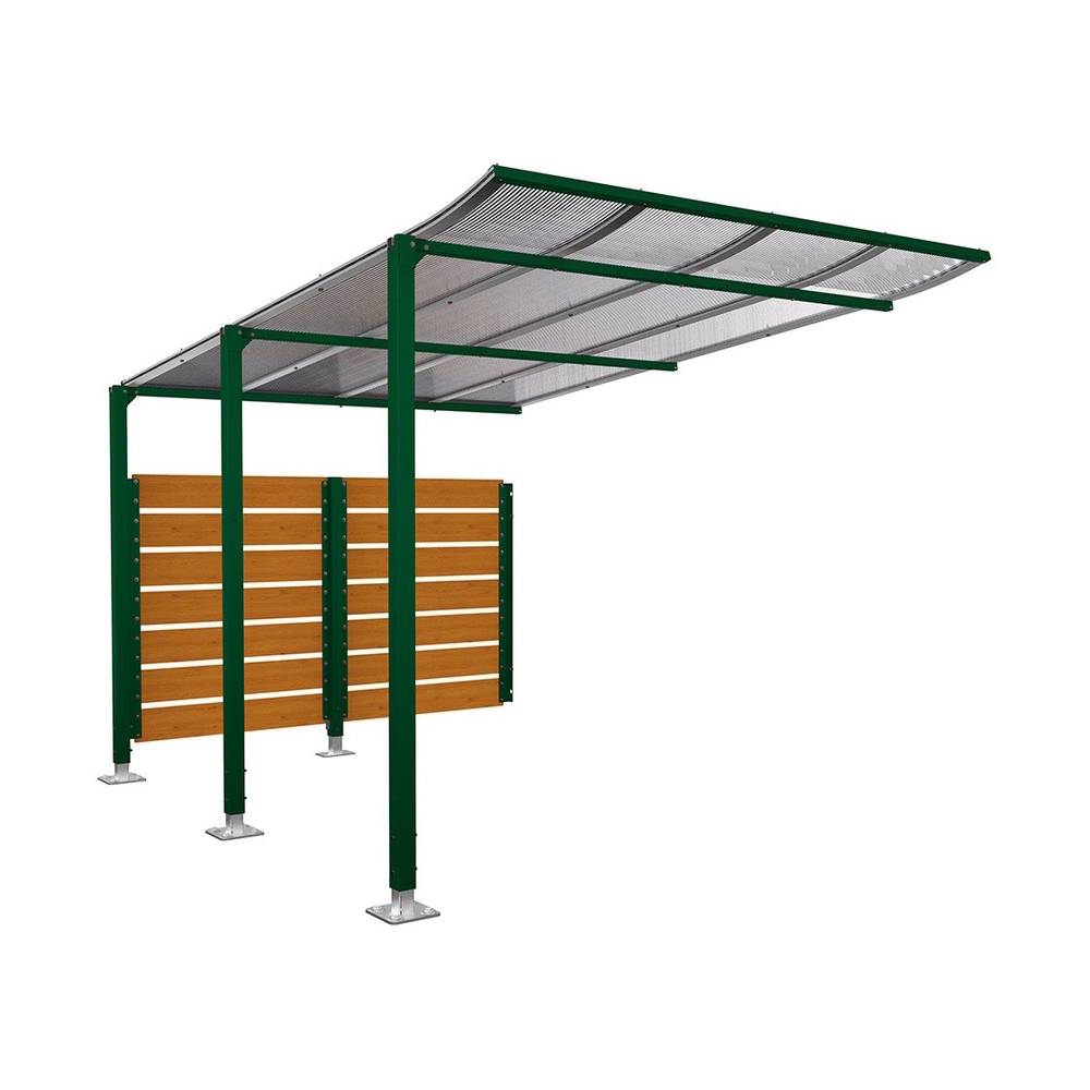 Abri vélos Modulo bardages en stratifié compact RAL6005 - Stratifié chêne clair - compl + bardage de fond - Sur platines - Prof 3400mm - PROCITY - 599218.6005.CHEC