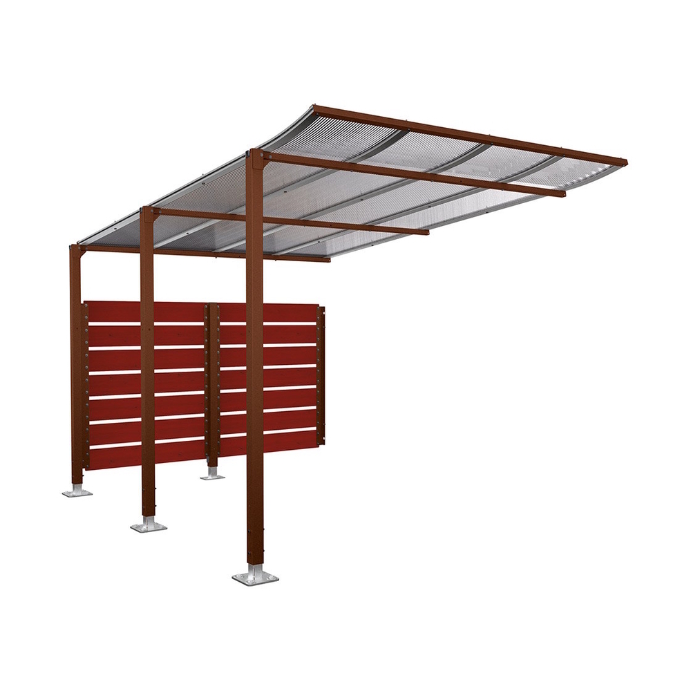 Abri vélos Modulo bardages en stratifié compact Aspect Corten - Stratifié acajou - compl + bardage de fond - Sur platines - Prof 3400mm - PROCITY - 599218.S025.ACAJ