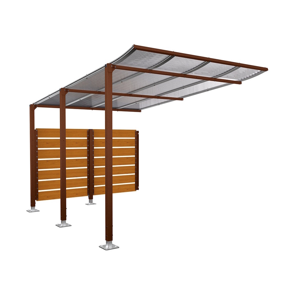 Abri vélos Modulo bardages en stratifié compact Aspect Corten - Stratifié chêne clair - compl + bardage de fond - Sur platines - Prof 3400mm - PROCITY - 599218.S025.CHEC