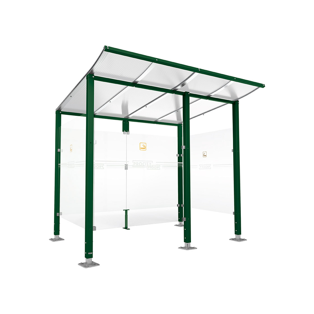 Abri fumeurs Modulo RAL6005 - bardage de retour avant - Sur platines - Long 2500mm Prof 2000mm - PROCITY - 599570.6005
