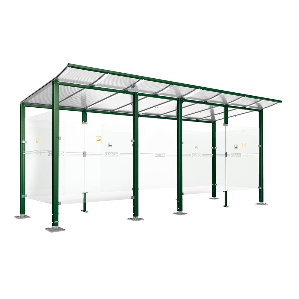 Abri fumeurs Modulo RAL6005 - bardage de retour avant - Sur platines - Long 5000mm Prof 2000mm - PROCITY - 599571.6005