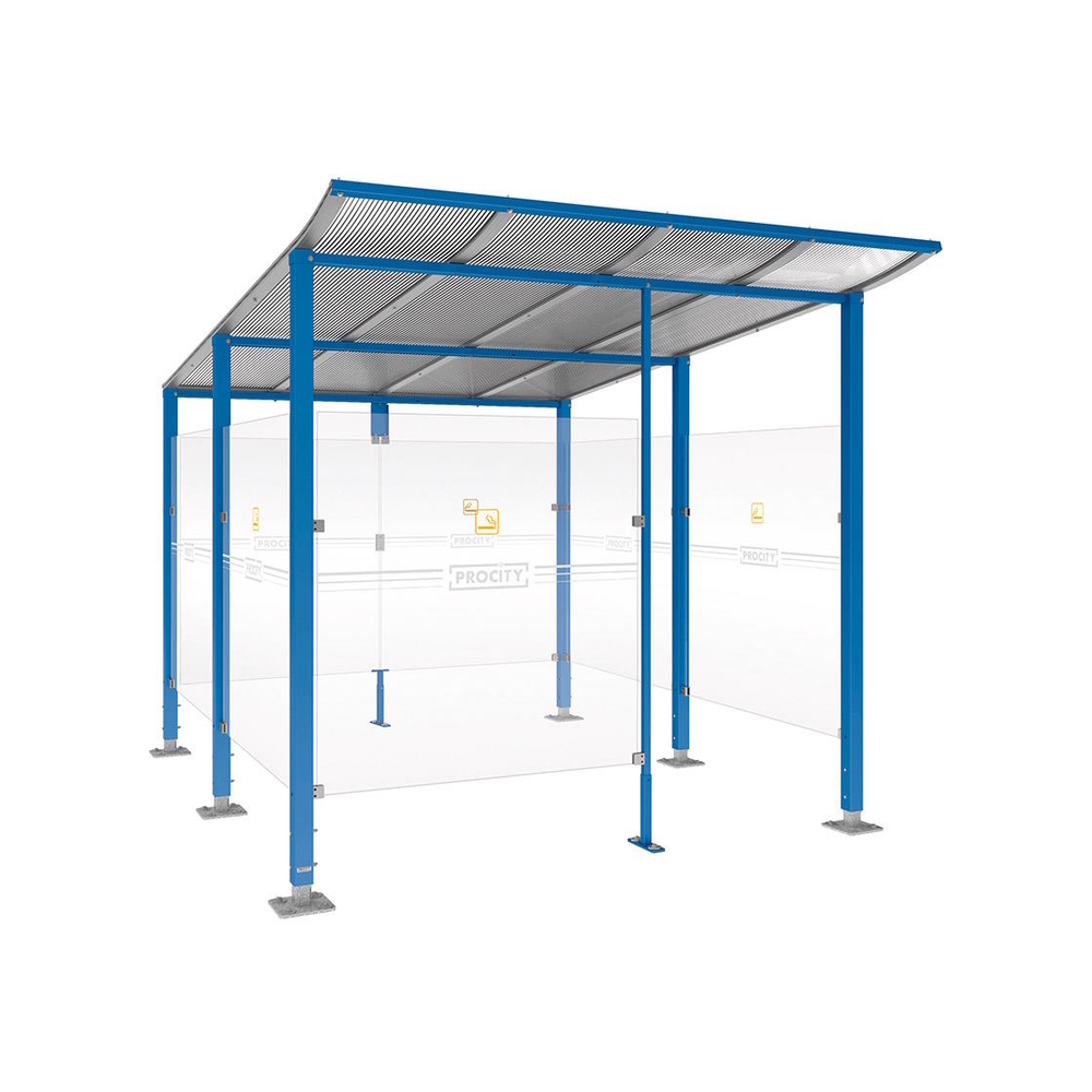 Abri fumeurs Modulo RAL5010 - bardage de retour avant - Sur platines - Long 2500mm Prof 3400mm - PROCITY - 599574.5010