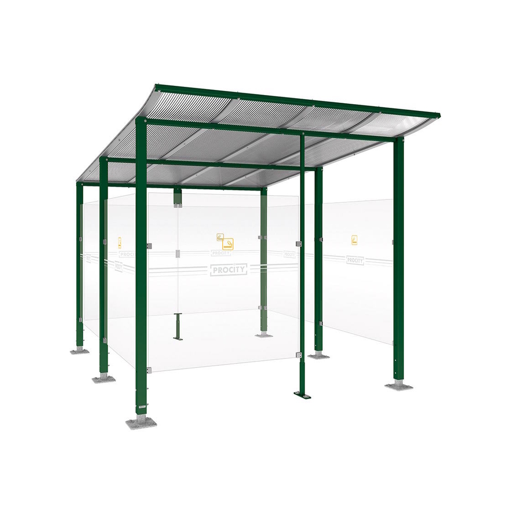 Abri fumeurs Modulo RAL6005 - bardage de retour avant - Sur platines - Long 2500mm Prof 3400mm - PROCITY - 599574.6005