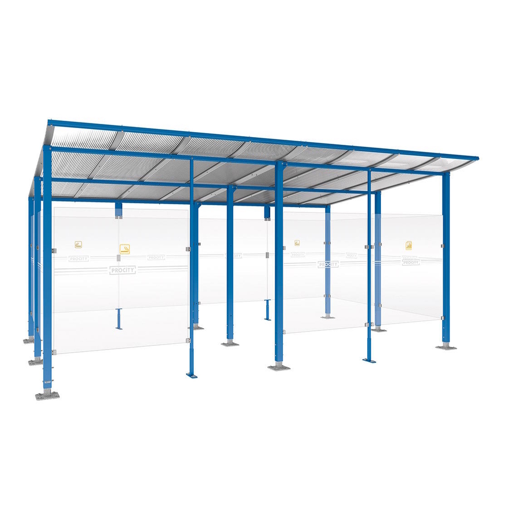 Abri fumeurs Modulo RAL5010 - bardage de retour avant - Sur platines - Long 5000mm Prof 3400mm - PROCITY - 599575.5010