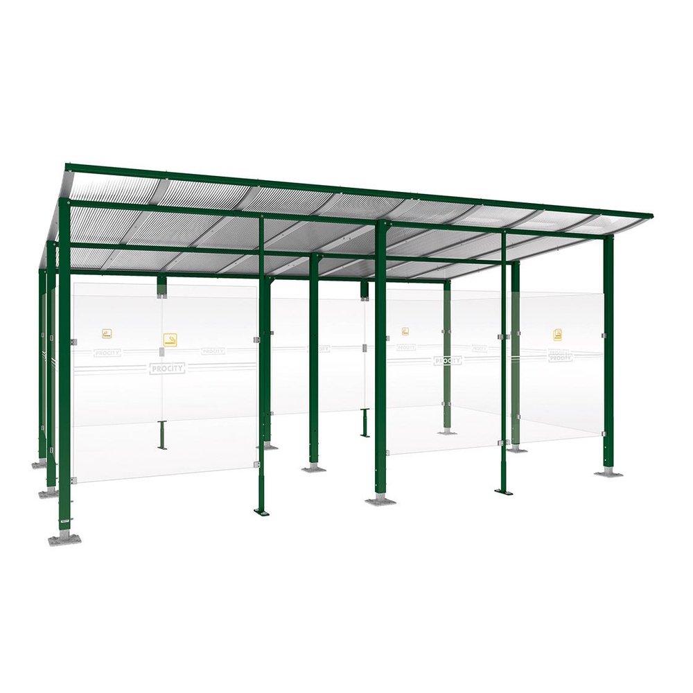 Abri fumeurs Modulo RAL6005 - bardage de retour avant - Sur platines - Long 5000mm Prof 3400mm - PROCITY - 599575.6005