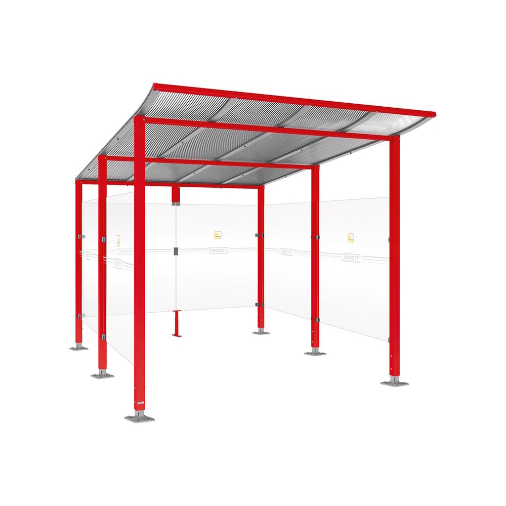 Abri fumeurs Modulo RAL3020 - Sans bardage de retour avant - Sur platines - Long 2500mm Prof 3400mm - PROCITY - 599576.3020