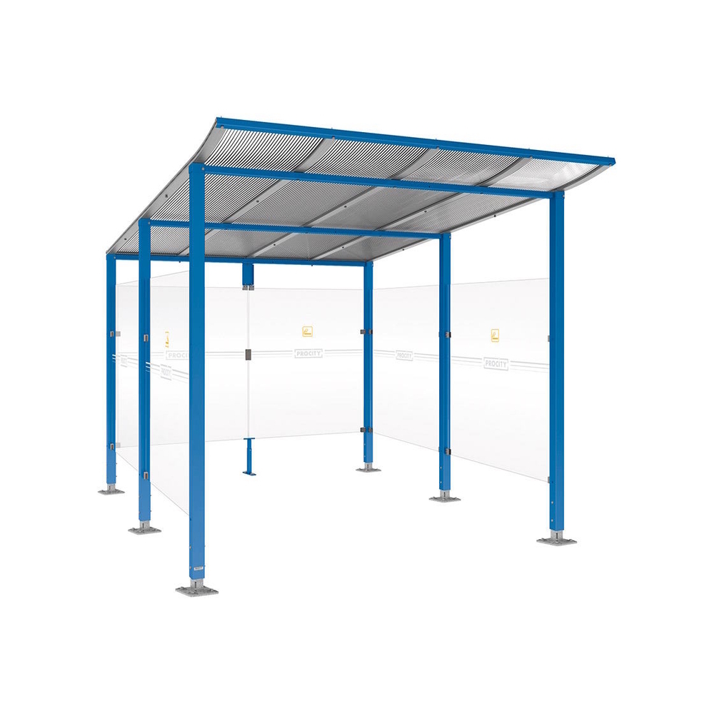 Abri fumeurs Modulo RAL5010 - Sans bardage de retour avant - Sur platines - Long 2500mm Prof 3400mm - PROCITY - 599576.5010