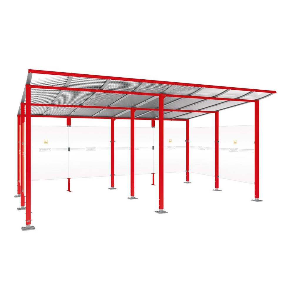 Abri fumeurs Modulo RAL3020 - Sans bardage de retour avant - Sur platines - Long 5000mm Prof 3400mm - PROCITY - 599577.3020