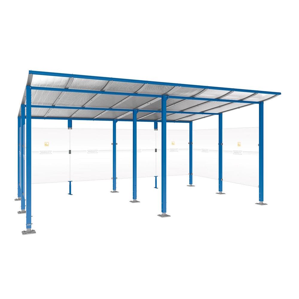 Abri fumeurs Modulo RAL5010 - Sans bardage de retour avant - Sur platines - Long 5000mm Prof 3400mm - PROCITY - 599577.5010