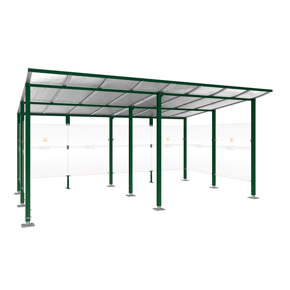 Abri fumeurs Modulo RAL6005 - Sans bardage de retour avant - Sur platines - Long 5000mm Prof 3400mm - PROCITY - 599577.6005