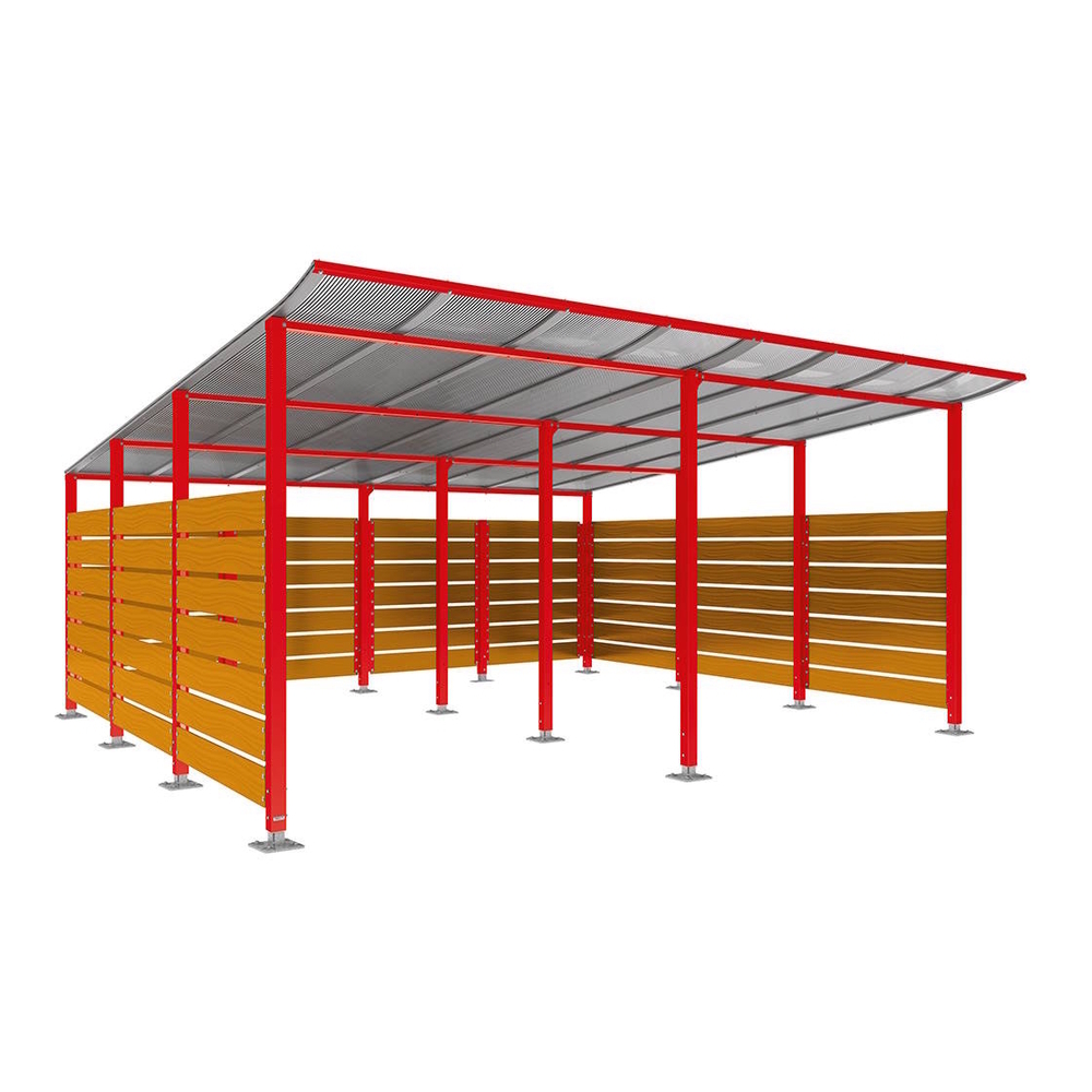 Abri conteneurs Modulo RAL3020 - Stratifié chêne clair - Sur platines - Larg 5000mm Prof 4800mm - PROCITY - 599785.3020.CHEC