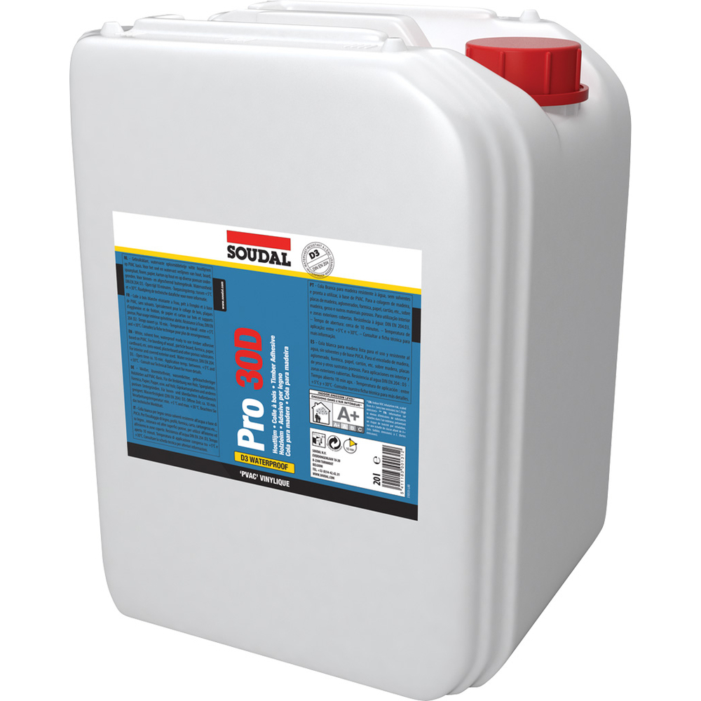 Bidon 20L colle à bois blanche résistante à l'eau pro 30d - SOUDAL - 103069